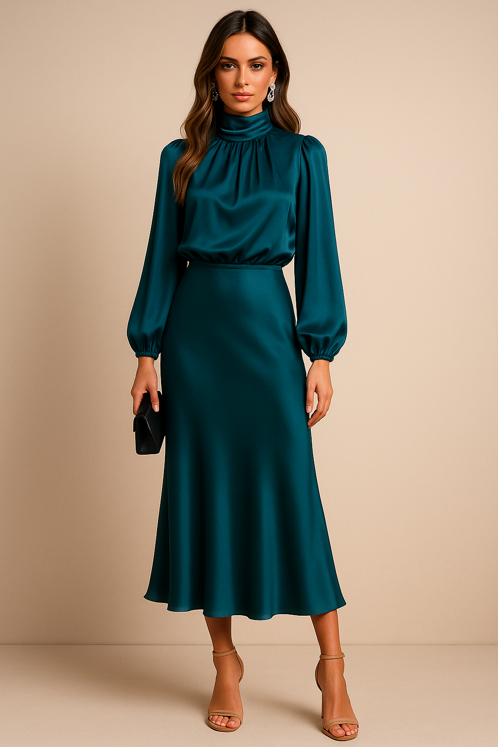Elegant Satin Sweater Dress for Women with High Neck Long Sleeve Blouson Flowing Midi Style