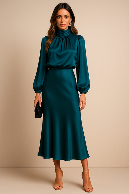 Elegant Satin Sweater Dress for Women with High Neck Long Sleeve Blouson Flowing Midi Style