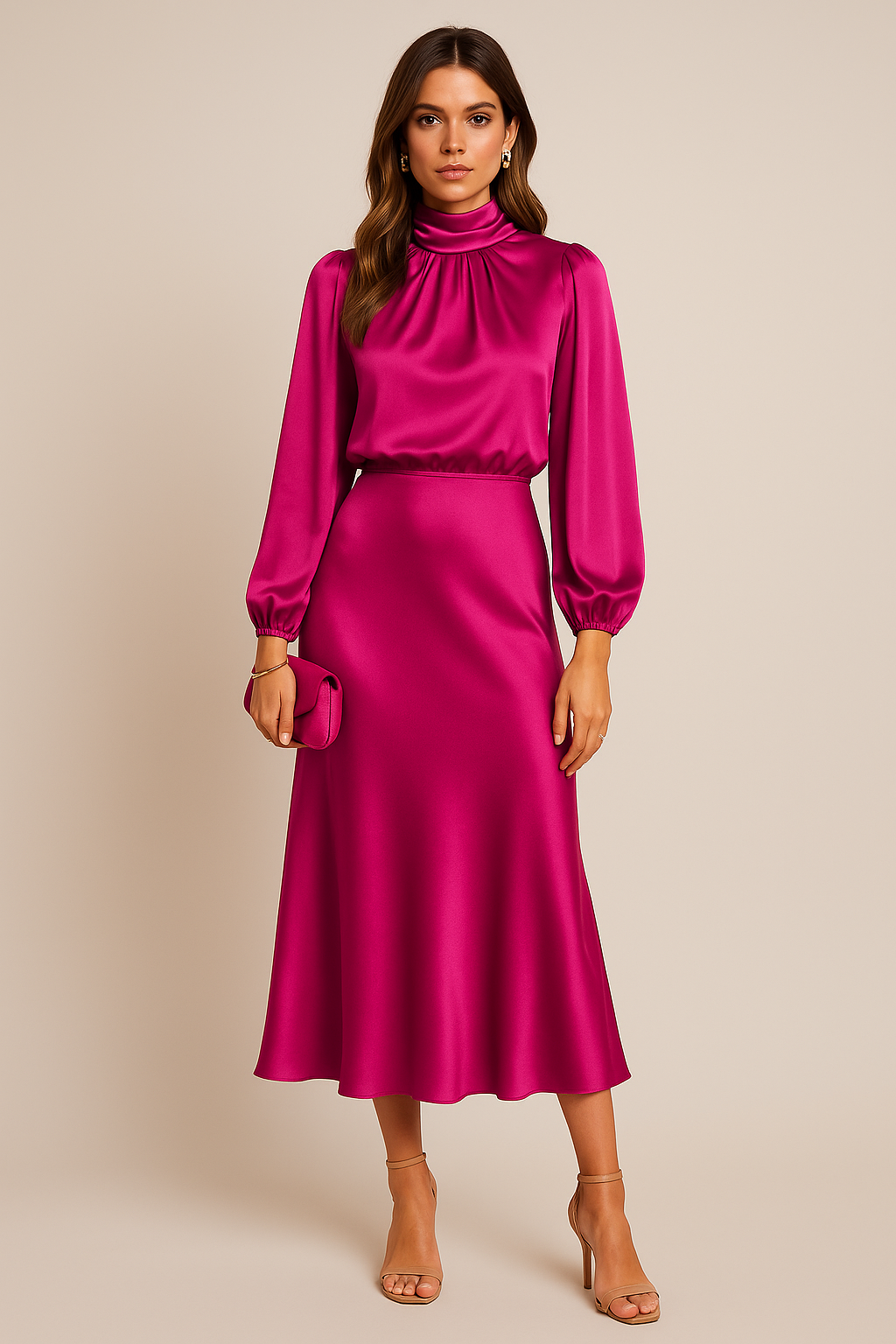 Elegant Satin Sweater Dress for Women with High Neck Long Sleeve Blouson Flowing Midi Style