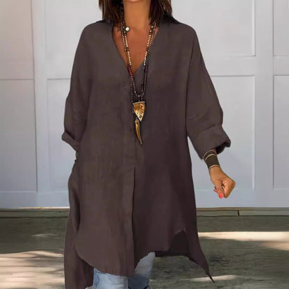 Effortless Tunic Blouses for Women with V Neck Button Down Long Sleeve Relaxed Longline Style