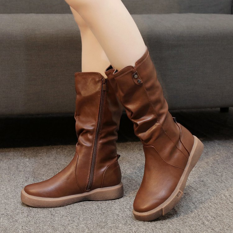 Effortless Leather Mid Calf Waterproof Boots for Women with Side Zip Slouchy Shaft Stacked Heel Style