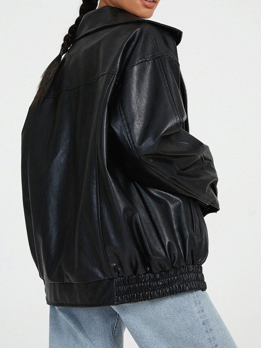 Effortless Leather Jacket for Women with Spread Collar Long Sleeve Oversized Bomber Style