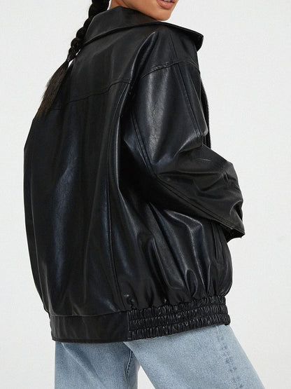 Effortless Leather Jacket for Women with Spread Collar Long Sleeve Oversized Bomber Style