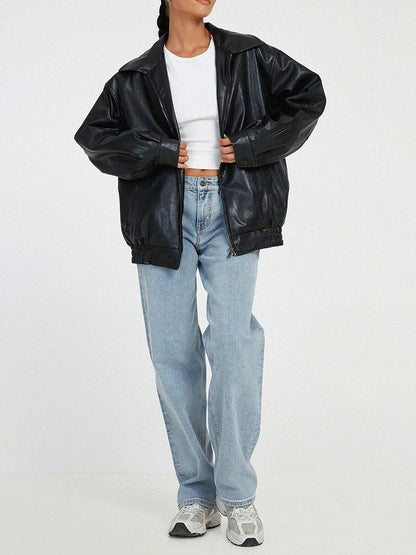Effortless Leather Jacket for Women with Spread Collar Long Sleeve Oversized Bomber Style