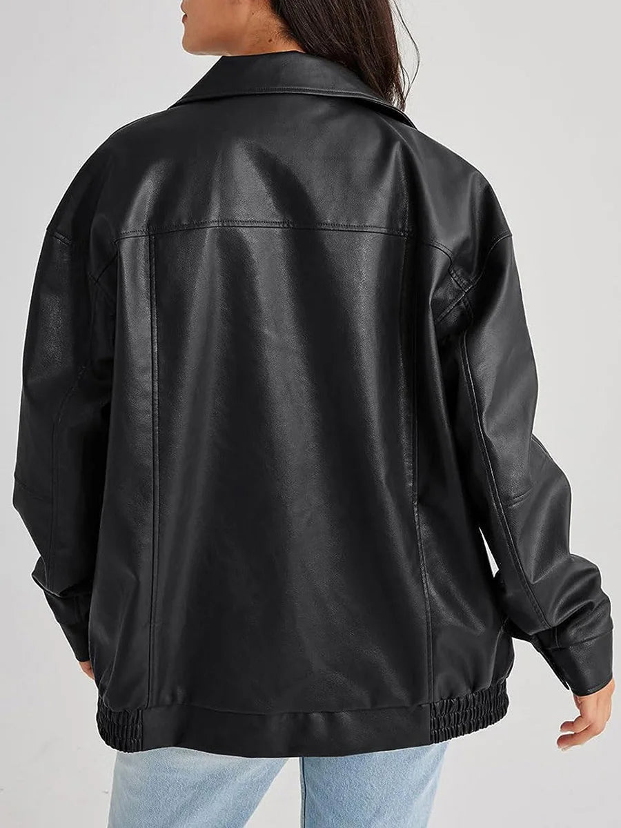 Effortless Leather Jacket for Women with Spread Collar Long Sleeve Oversized Bomber Style