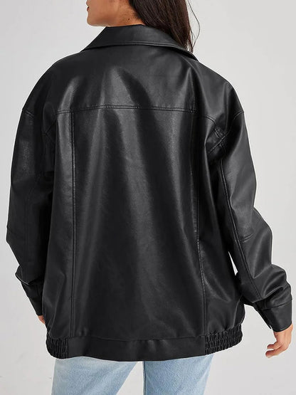 Effortless Leather Jacket for Women with Spread Collar Long Sleeve Oversized Bomber Style