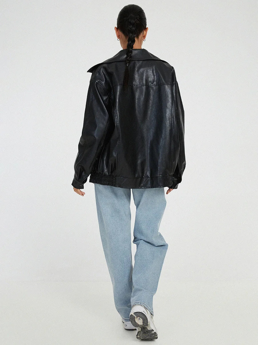 Effortless Leather Jacket for Women with Spread Collar Long Sleeve Oversized Bomber Style