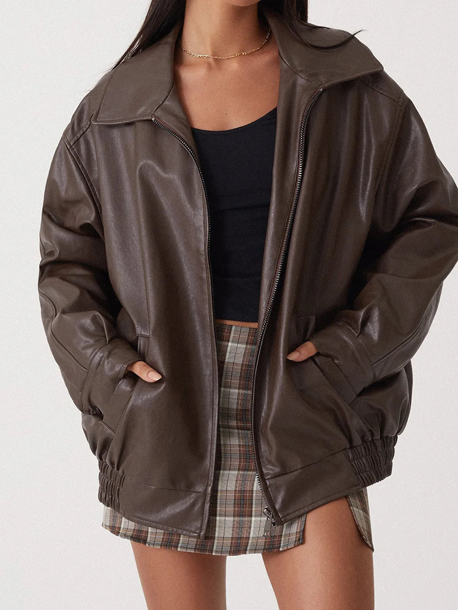 Effortless Leather Jacket for Women with Spread Collar Long Sleeve Oversized Bomber Style