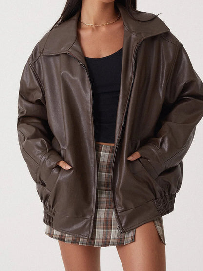Effortless Leather Jacket for Women with Spread Collar Long Sleeve Oversized Bomber Style