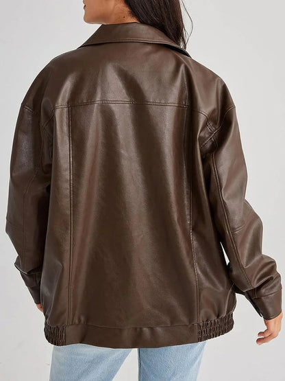 Effortless Leather Jacket for Women with Spread Collar Long Sleeve Oversized Bomber Style