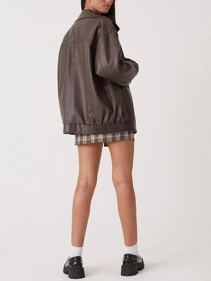 Effortless Leather Jacket for Women with Spread Collar Long Sleeve Oversized Bomber Style