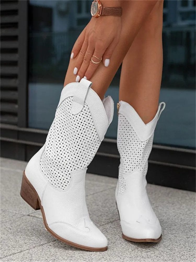 Bold White Western Boots for Women with Perforated Shaft Block Heel Ankle Cowboy Style