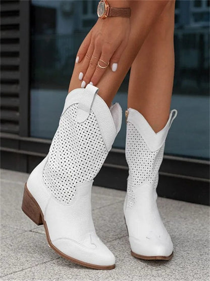 Bold White Western Boots for Women with Perforated Shaft Block Heel Ankle Cowboy Style