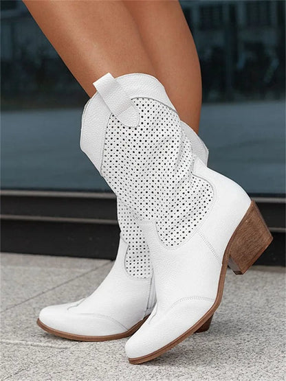 Bold White Western Boots for Women with Perforated Shaft Block Heel Ankle Cowboy Style