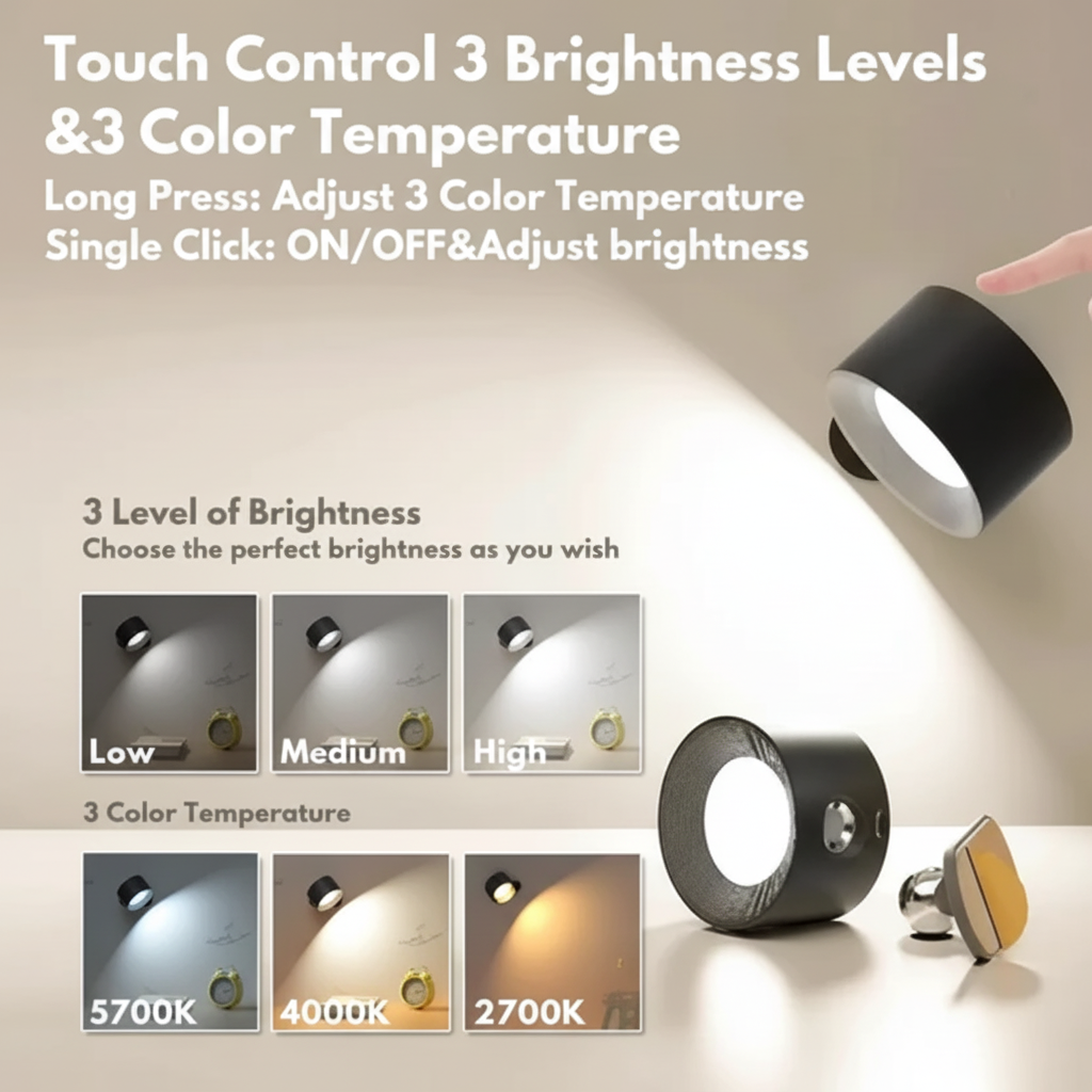 Rechargeable LED Wall Lamp Adjustable Magnetic Mount Cordless Sconce Light