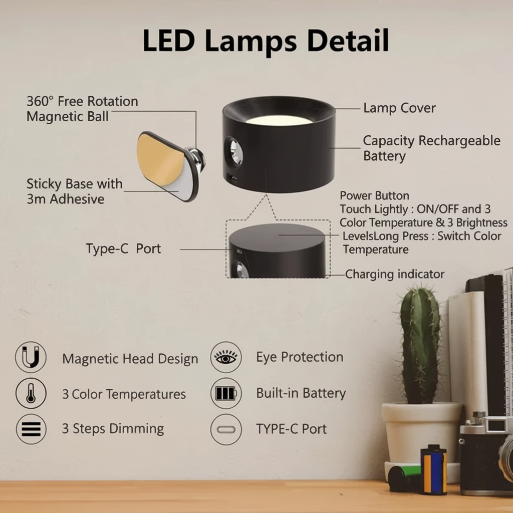 Rechargeable LED Wall Lamp Adjustable Magnetic Mount Cordless Sconce Light