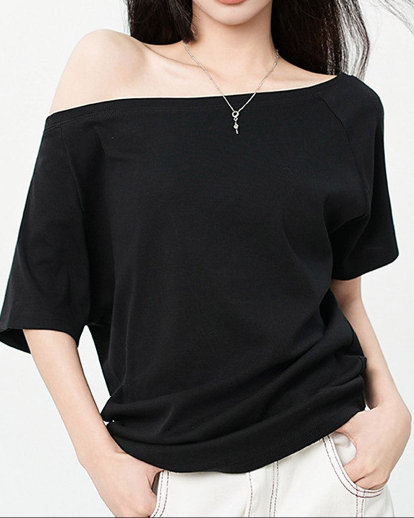 Effortless Black Off The Shoulder Top for Women with Batwing Sleeve Relaxed Oversized Casual Style