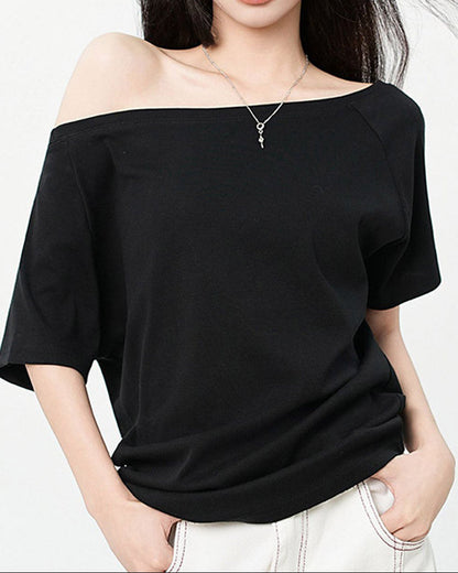 Effortless Black Off The Shoulder Top for Women with Batwing Sleeve Relaxed Oversized Casual Style