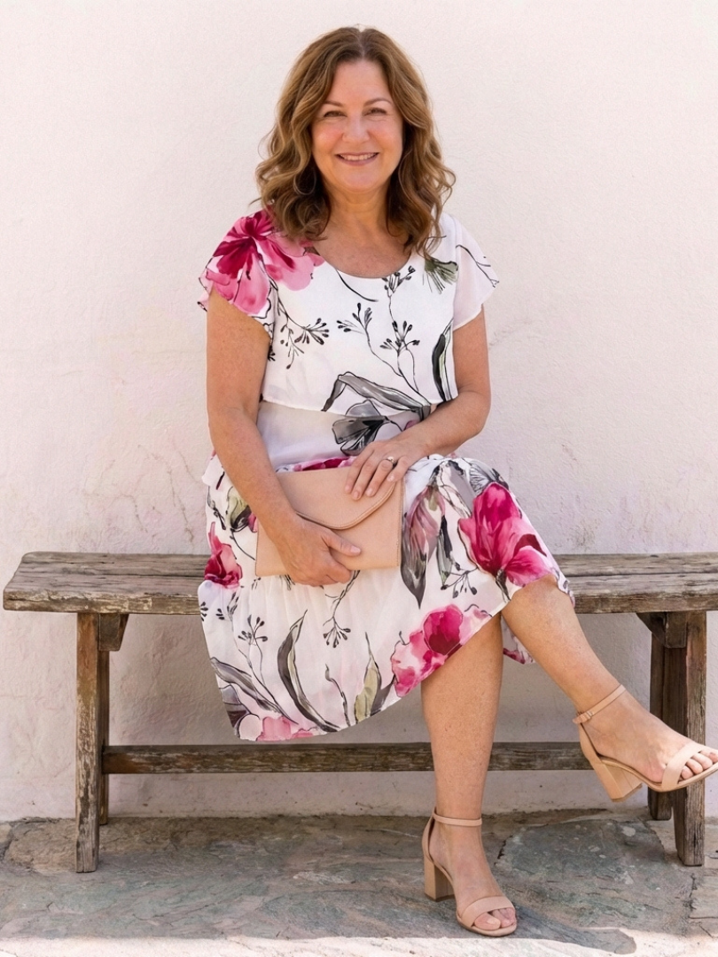 Elegant Floral Dress for Women with Scoop Neck Flutter Sleeve Tiered Knee Length Style