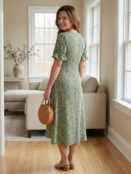 Elegant Floral Dress for Women with V Neck Short Sleeve Ruffle Wrap Midi Style