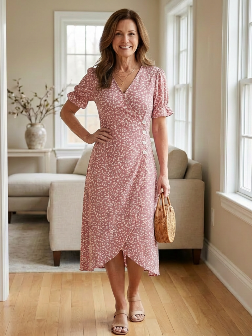 Elegant Floral Dress for Women with V Neck Short Sleeve Ruffle Wrap Midi Style