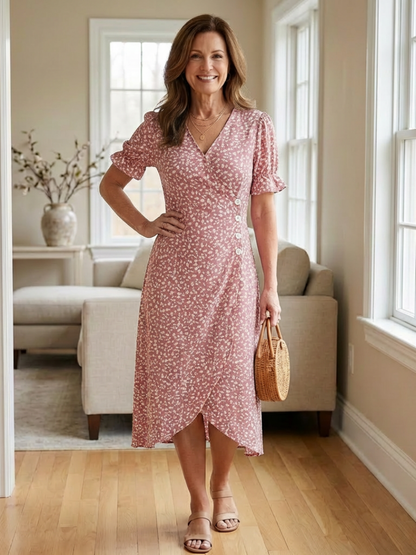 Elegant Floral Dress for Women with V Neck Short Sleeve Ruffle Wrap Midi Style