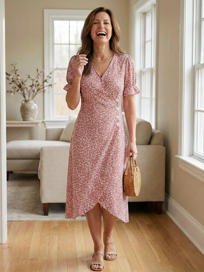 Elegant Floral Dress for Women with V Neck Short Sleeve Ruffle Wrap Midi Style