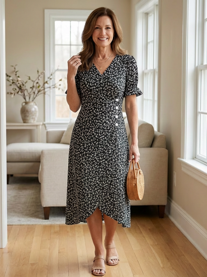 Elegant Floral Dress for Women with V Neck Short Sleeve Ruffle Wrap Midi Style