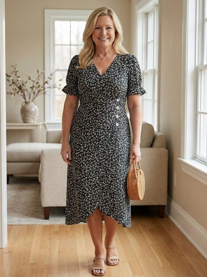 Elegant Floral Dress for Women with V Neck Short Sleeve Ruffle Wrap Midi Style