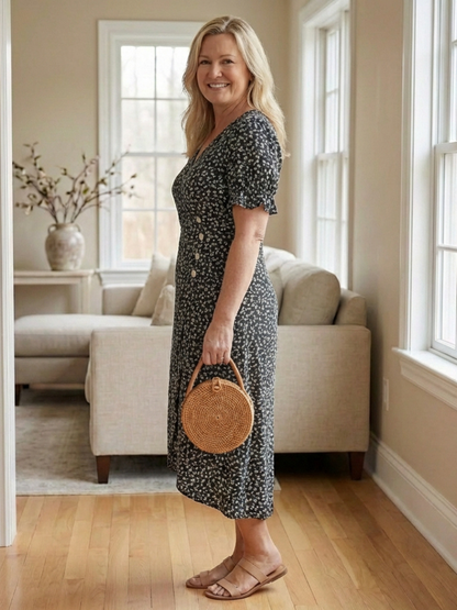 Elegant Floral Dress for Women with V Neck Short Sleeve Ruffle Wrap Midi Style