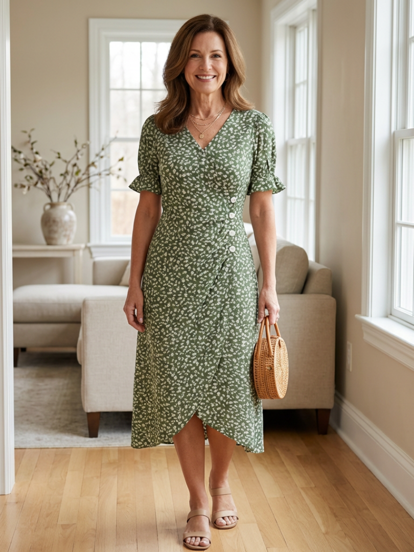 Elegant Floral Dress for Women with V Neck Short Sleeve Ruffle Wrap Midi Style