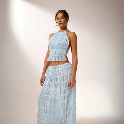 Effortless Textured Two Piece Set for Women with Halter Top Tiered Maxi Skirt Bohemian Style