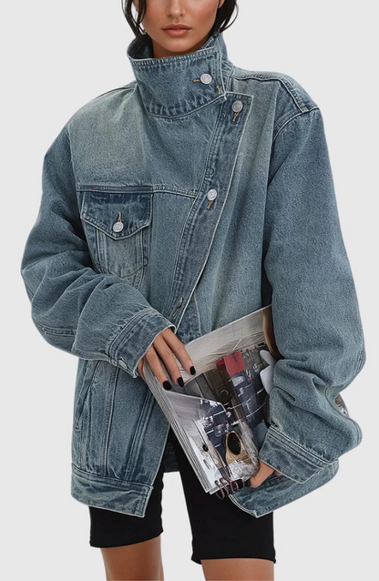 Effortless Denim Jacket for Women with Stand Collar Long Sleeve Distressed Oversized Style