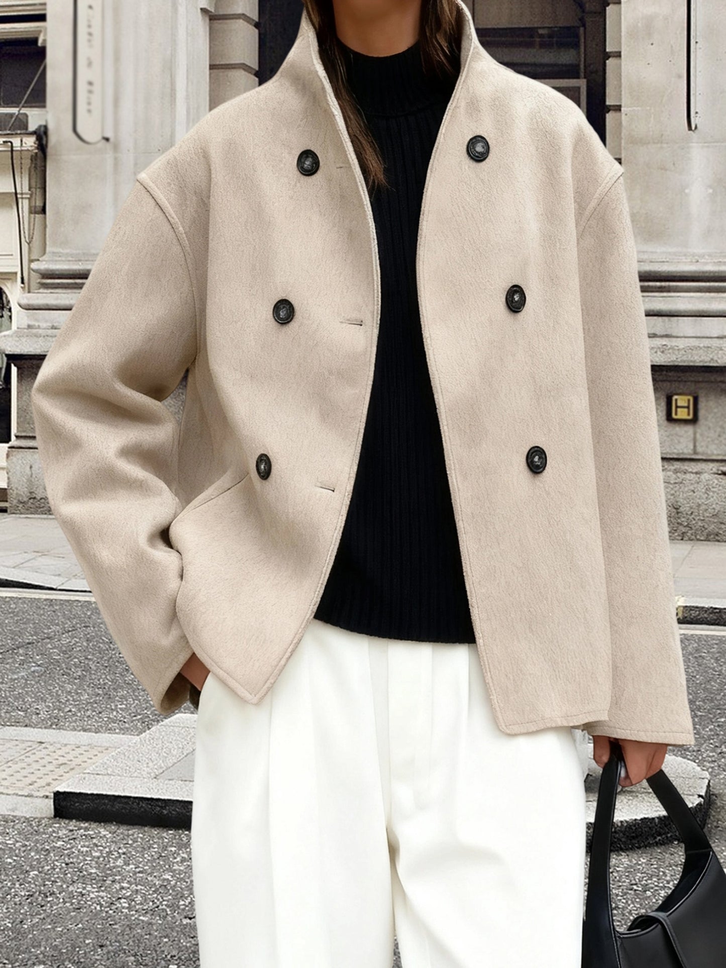 Elegant Wool High Pea Coat for Women with Stand Collar Long Sleeve Double Breasted Cropped Style