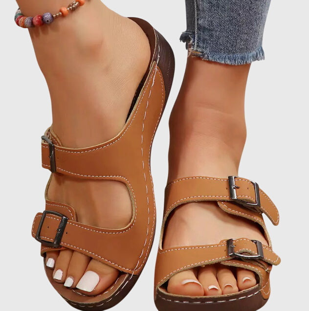 Comfortable Orthopedic Sandals for Women with Double Buckle Strap Cork Wedge Open Toe Slip On Casual Style