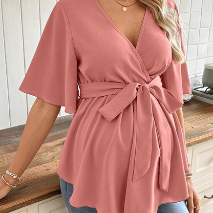 Effortless Maternity Wrap Blouse for Women with V Neck Flutter Sleeve Tie Waist Peplum Style