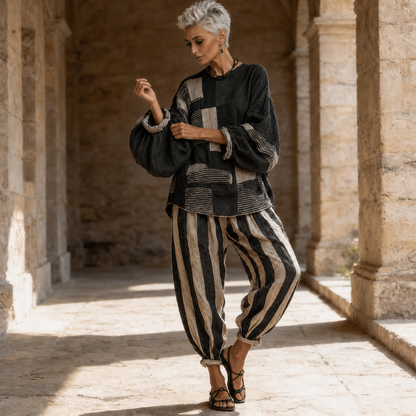 Effortless Black Multi Stripe Wide Leg Set for Women with Round Neck Long Sleeve Patchwork Relaxed Fall Style