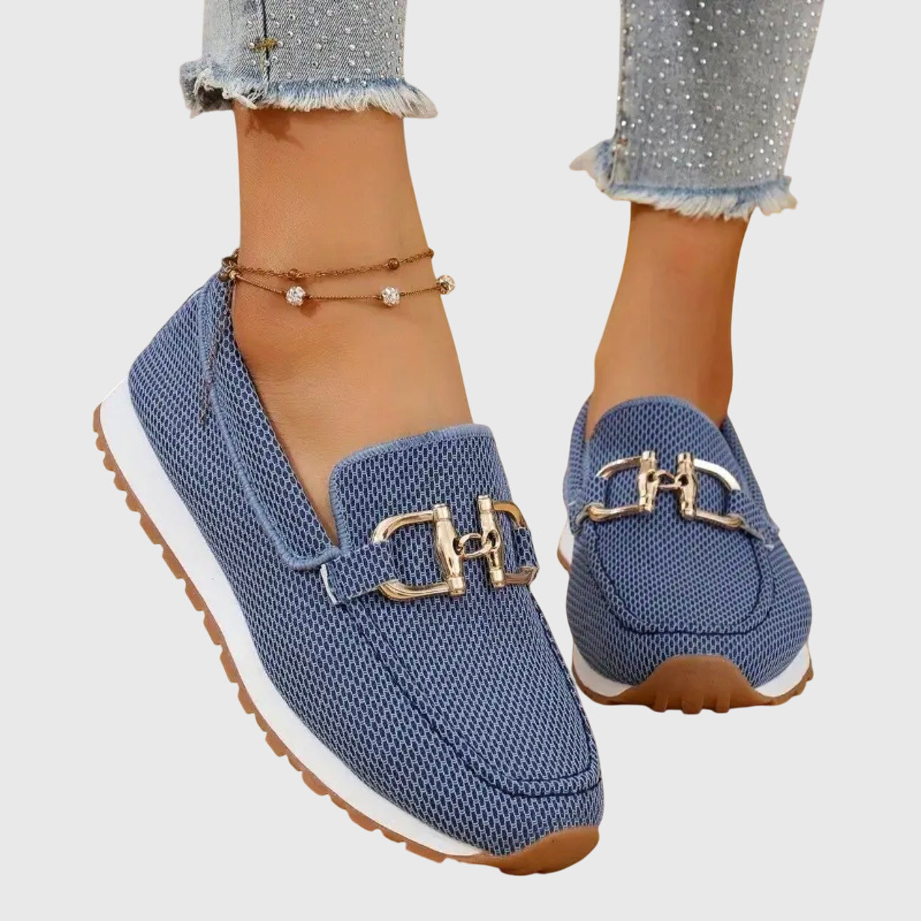 Comfortable Orthopedic Loafers for Women with Gold Horsebit Detail Mesh Knit Slip On Platform Style