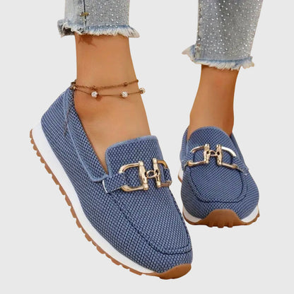 Comfortable Orthopedic Loafers for Women with Gold Horsebit Detail Mesh Knit Slip On Platform Style