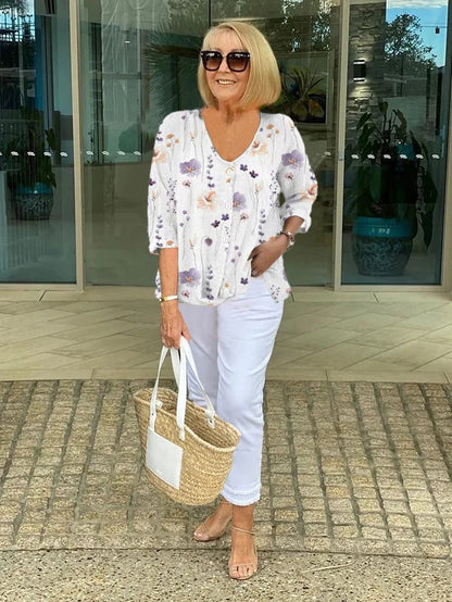 Effortless Floral Print Tunic for Women with V Neck Elbow Sleeve Button Front Relaxed Style