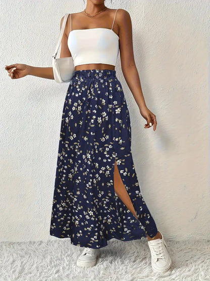 Effortless Blue Floral Maxi Skirt for Women with High Waist Side Slit Flowing Bohemian Style