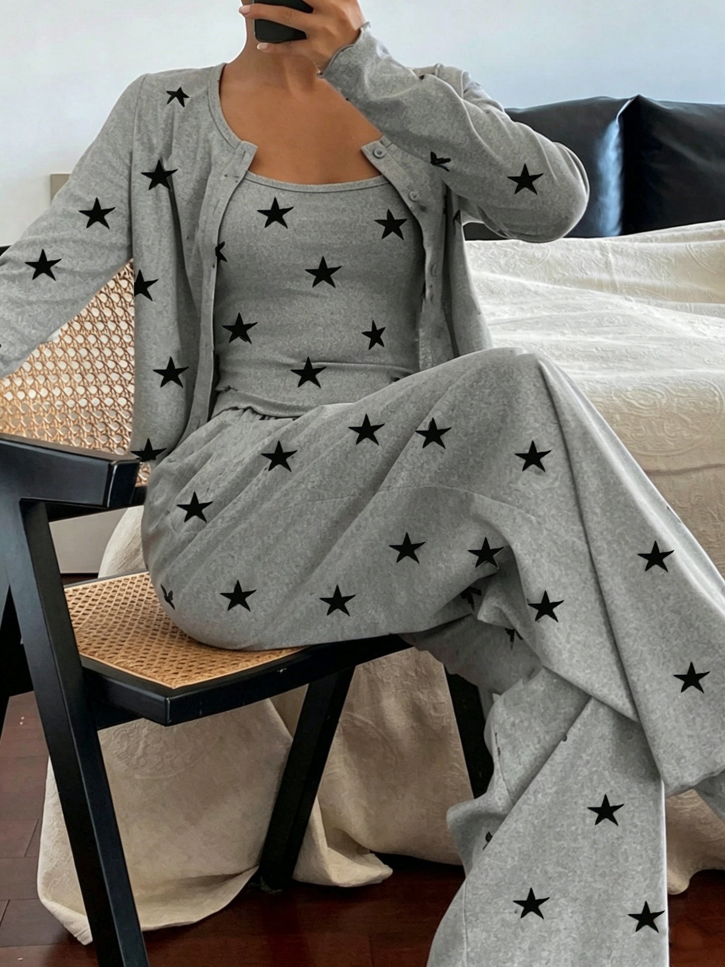 Comfortable Mixed Color Star Print Three Piece Pajama Set for Women with Round Neck Long Sleeve Cardigan Wide Leg Pant Relaxed Style