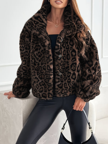 Cozy Leopard Print Flurry Coat for Women with Faux Fur Collar Long Sleeve Plush Warm Winter Style