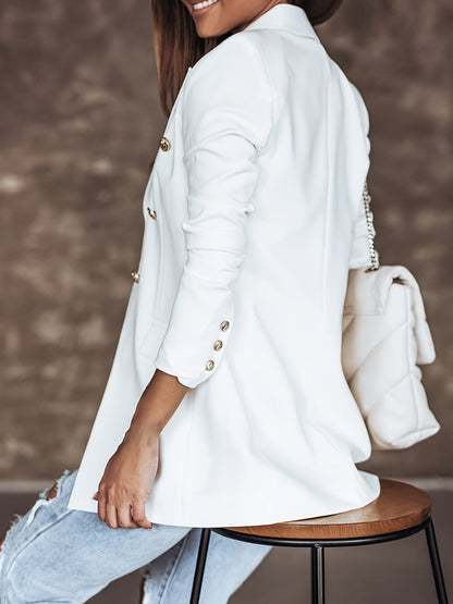 Elegant Blazer for Women with Notched Lapel Long Sleeve Double Breasted Gold Button Workwear Style