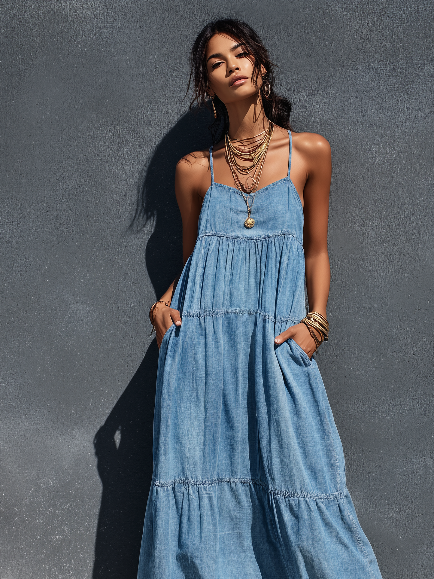 Effortless Blue Denim Maxi Dress for Women with Spaghetti Strap V Neck Tiered Skirt Loose Casual Summer Style