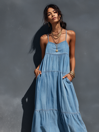 Effortless Blue Denim Maxi Dress for Women with Spaghetti Strap V Neck Tiered Skirt Loose Casual Summer Style