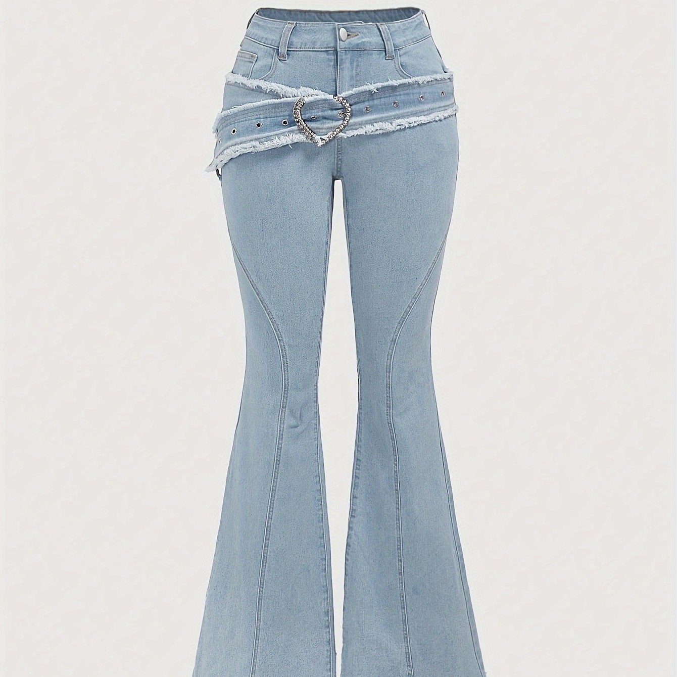 Elegant Light Blue Denim Flare Jeans for Women with Heart Buckle Frayed Belt Western Style