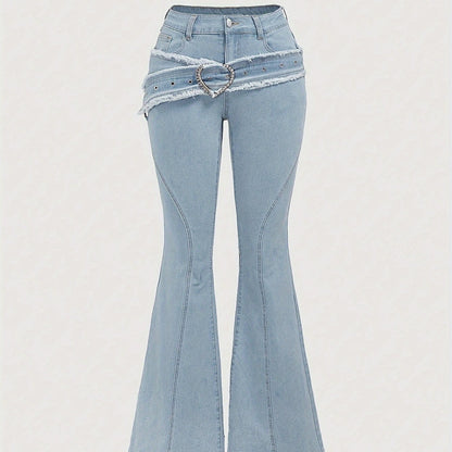 Elegant Light Blue Denim Flare Jeans for Women with Heart Buckle Frayed Belt Western Style