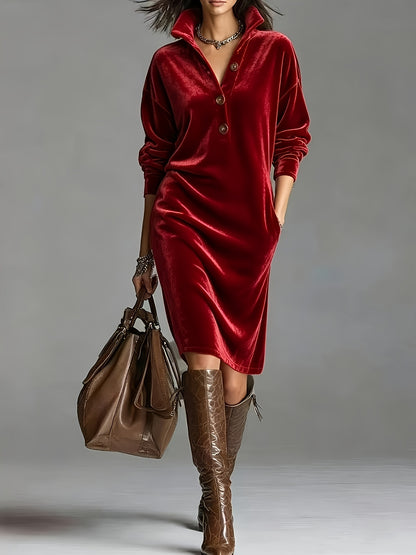 Chic Velvet Long Sleeve Midi Dress for Women with Collared Neck Button Front Relaxed Fit Style