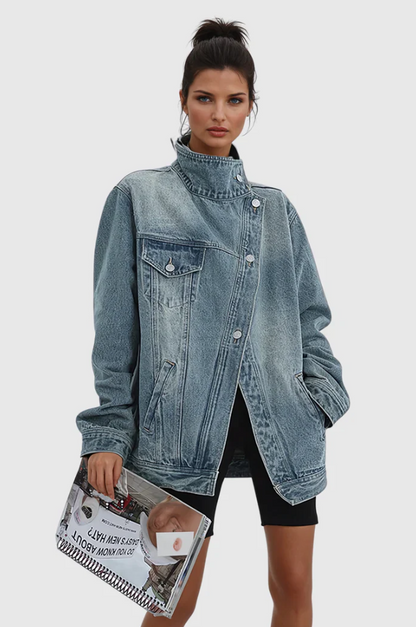 Effortless Denim Jacket for Women with Stand Collar Long Sleeve Distressed Oversized Style
